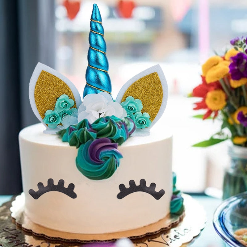 1Set Unicorn Horn Eye Cake Toppers Happy Birthday Party Decoration Baby Shower Wedding Unicorn Theme Cake Accessoires Supplies